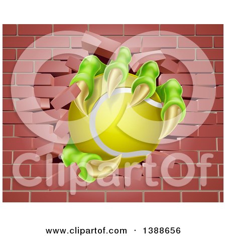 Clipart of Monster Claws Holding a Tennis Ball and Breaking Through a Brick Wall - Royalty Free Vector Illustration by AtStockIllustration