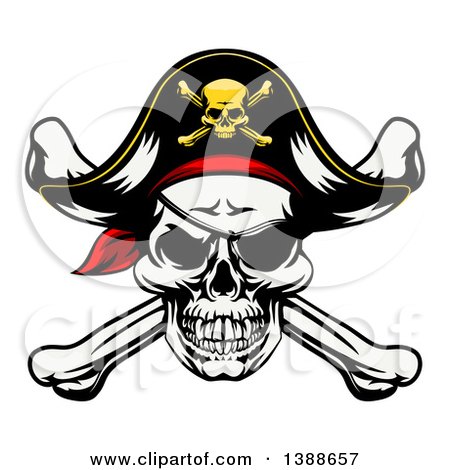 Clipart of a Pirate Skull and Crossbones Wearing a Patch and Captain Hat - Royalty Free Vector Illustration by AtStockIllustration