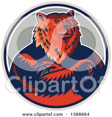Clipart of a Retro Woodcut Eurasian Brown Bear with Folded Arms in a Circle - Royalty Free Vector Illustration by patrimonio