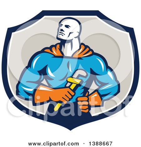 Clipart of a Retro Muscular Super Hero Plumber Holding a Monkey Wrench in a Blue White and Taupe Shield - Royalty Free Vector Illustration by patrimonio