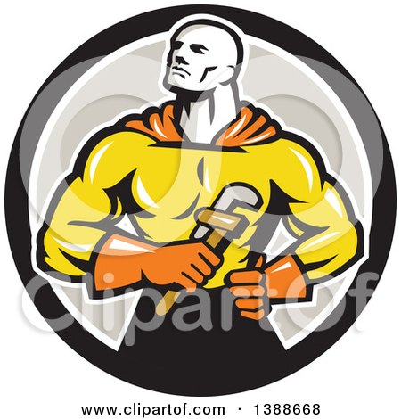 Clipart of a Retro Muscular Super Hero Plumber Holding a Monkey Wrench in a Black White and Gray Circle - Royalty Free Vector Illustration by patrimonio