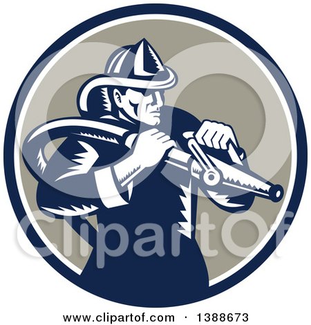 Retro Woodcut Fireman Holding a Hose in a Blue White and Taupe Circle Posters, Art Prints
