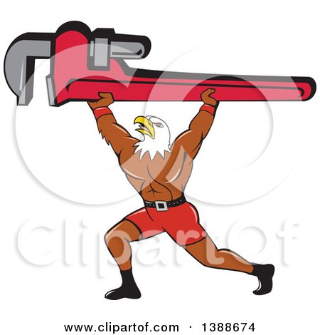 Clipart of a Cartoon Bald Eagle Plumber Man Lifting a Monkey Wrench - Royalty Free Vector Illustration by patrimonio