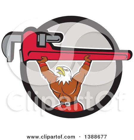 Clipart of a Cartoon Bald Eagle Plumber Man Lifting a Monkey Wrench in a Black and Gray Circle - Royalty Free Vector Illustration by patrimonio