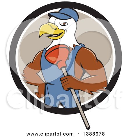 Clipart of a Cartoon Bald Eagle Plumber Man Holding a Plunger in a Black White and Taupe Circle - Royalty Free Vector Illustration by patrimonio