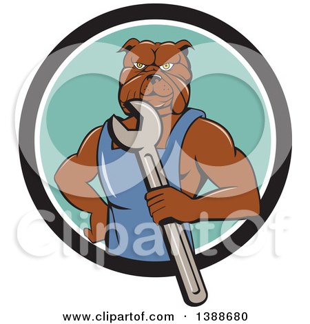 Clipart of a Cartoon Bulldog Man Mechanic Holding a Wrench and Emerging from a Black White and Turquoise Circle - Royalty Free Vector Illustration by patrimonio