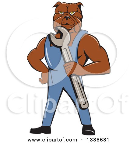 Clipart of a Cartoon Bulldog Man Mechanic Holding a Wrench - Royalty Free Vector Illustration by patrimonio