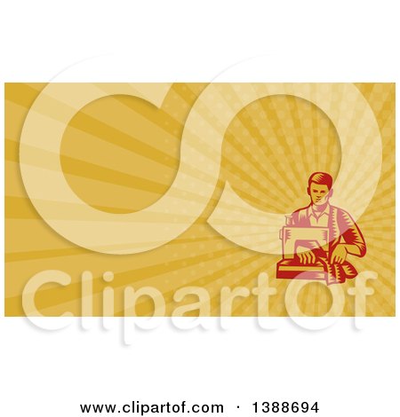 Clipart of a Retro Red Woodcut Male Tailor Operating a Sewing Machine and Orange Rays Background or Business Card Design - Royalty Free Illustration by patrimonio