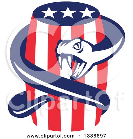 Clipart of a Retro Viper Snake Coiled Around an American Stars and Stripes Beer Keg - Royalty Free Vector Illustration by patrimonio