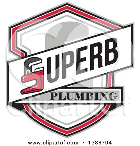 Clipart of a Superb Plumbing Banner with a Monkey Wrench over a Shield - Royalty Free Vector Illustration by patrimonio