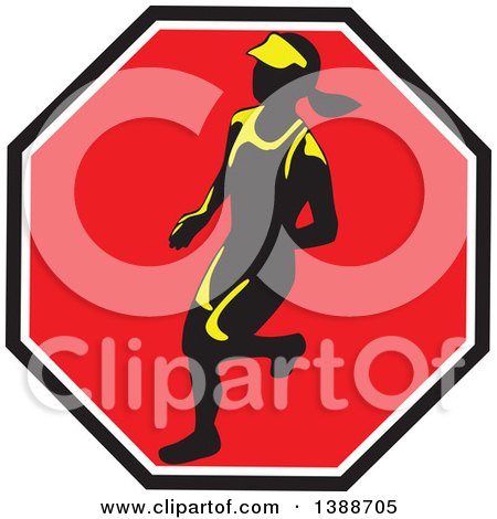 Clipart of a Retro Female Marathon Runner in a Black White and Red Octagon - Royalty Free Vector Illustration by patrimonio