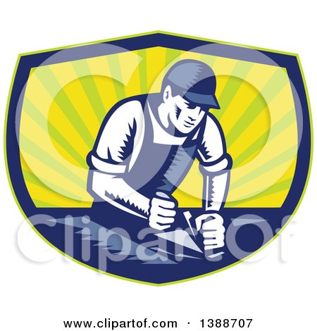 Clipart of a Retro Woodcut Carpenter Wearing a Hat and Overalls, Working with a Smooth Plane on a Wood Surface in a Blue Green and Yellow Shield - Royalty Free Vector Illustration by patrimonio
