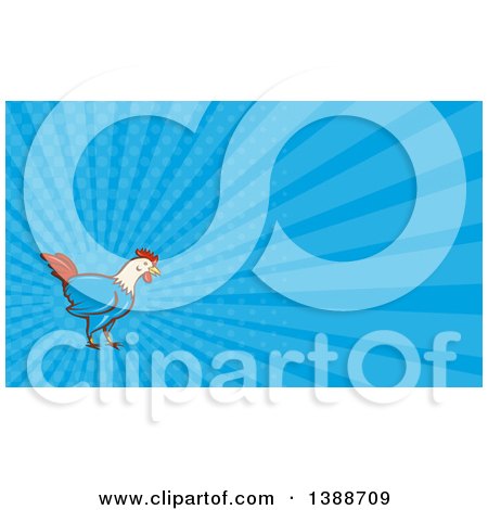 Clipart of a Retro Cartoon Rooster and Blue Rays Background or Business Card Design - Royalty Free Illustration by patrimonio