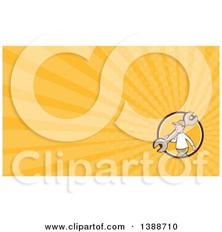 Clipart of a Retro Cartoon White Male Mechanic Carrying a Giant Spanner Wrench over His Shoulder and Yellow Rays Background or Business Card Design - Royalty Free Illustration by patrimonio