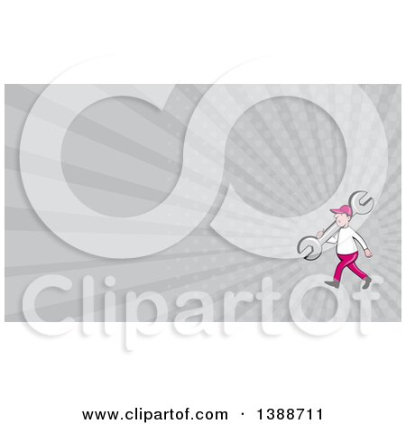 Clipart of a Retro Cartoon White Male Mechanic Carrying a Giant Spanner Wrench over His Shoulder and Gray Rays Background or Business Card Design - Royalty Free Illustration by patrimonio