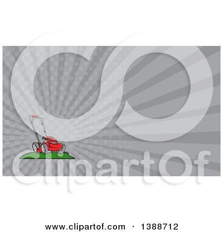 Clipart of a Cartoon Tough Red Lawn Mower Mascot on a Hill and Gray Rays Background or Business Card Design - Royalty Free Illustration by patrimonio