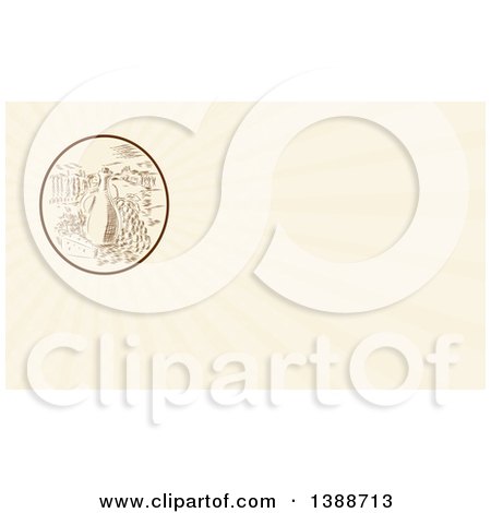 Clipart of a Retro Sketched or Engraved Olive Jar, Grapes and Cheese in a Tuscan Landscape and Rays Background or Business Card Design - Royalty Free Illustration by patrimonio
