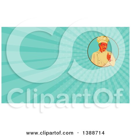 Clipart of a Retro Wpa Styled Chef with a Mustache, Giving a Thumb up and Turquoise Rays Background or Business Card Design - Royalty Free Illustration by patrimonio