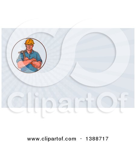 Clipart of a Retro Sketched Male Builder Holding a Hammer and Rays Background or Business Card Design - Royalty Free Illustration by patrimonio