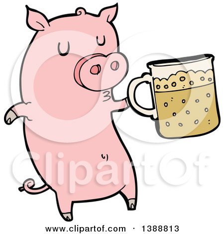 Clipart of a Cartoon Pink Pig Holding a Beer - Royalty Free Vector Illustration by lineartestpilot