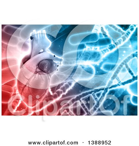 Clipart of a 3d Human Heart over a Background of Bacteria and Dna Strands - Royalty Free Illustration by KJ Pargeter