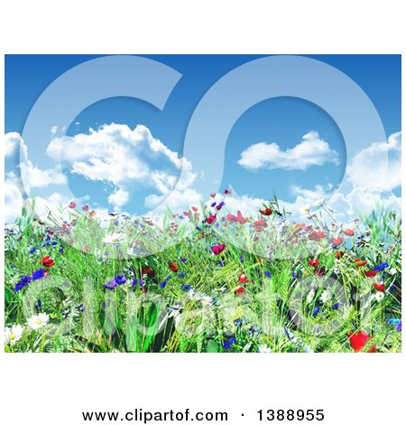 Clipart of a 3d Grassy Spring Hill with Wild Flowers Under a Blue Sky with Puffy Clouds - Royalty Free Illustration by KJ Pargeter