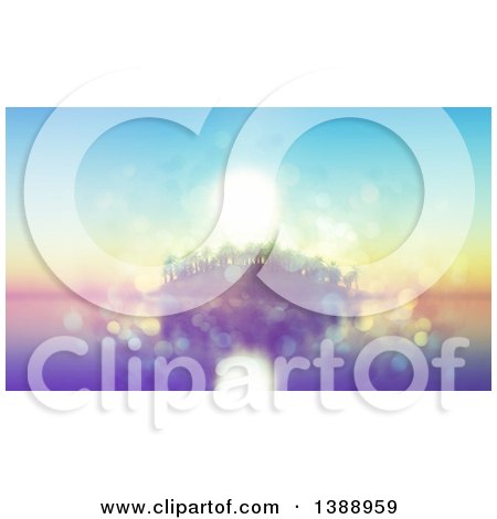 Clipart of a 3d Tropical Island with Palm Trees Against a Sunset, Blurred with Flares - Royalty Free Illustration by KJ Pargeter