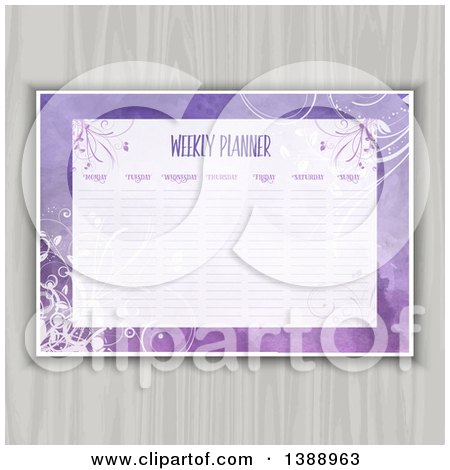Clipart of a Purple Floral Watercolor Weekly Planner Design over Wood - Royalty Free Vector Illustration by KJ Pargeter