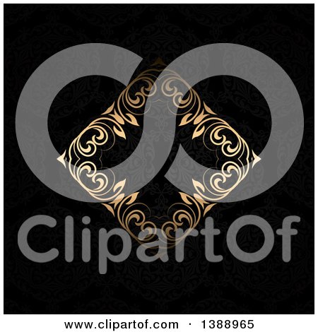 Clipart of a Diamond Floral Gold Frame on a Black Background - Royalty Free Vector Illustration by KJ Pargeter