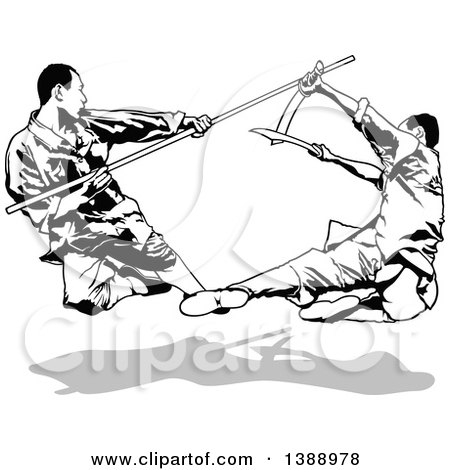 Clipart of Black and White Kung Fu Fighters and a Gray Shadow - Royalty Free Vector Illustration by dero