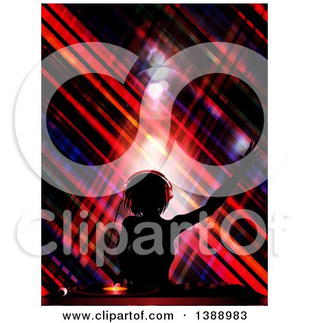 Clipart of a Silhouetted Female DJ Holding Her Arm up in the Air, Wearing Headphones and Mixing a Record over Crossed Stripes - Royalty Free Vector Illustration by elaineitalia