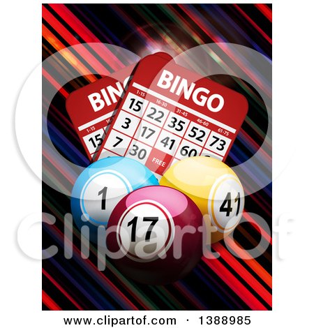 Clipart of 3d Bingo Balls and Cards over Colorful Diagonal Stripes - Royalty Free Vector Illustration by elaineitalia