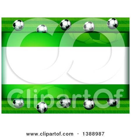Clipart of a Background of 3d Soccer Balls and Green Around Text Space - Royalty Free Vector Illustration by elaineitalia