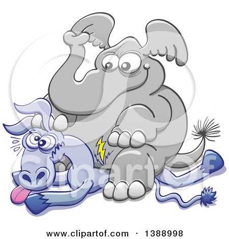 Clipart of a Cartoon Political Republican Elephant Sitting on a Democratic Donkey - Royalty Free Vector Illustration by Zooco