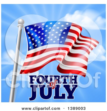 Clipart of a 3d American Flag and Fourth of July Text over Blue Sky - Royalty Free Vector Illustration by AtStockIllustration
