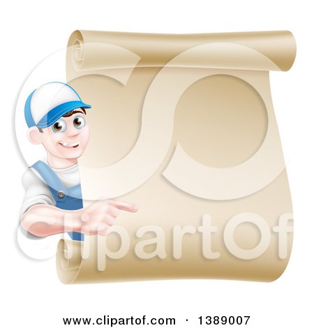 Clipart of a Happy Brunette Middle Aged Caucasian Mechanic Man in Blue, Pointing Around a Blank Scroll Sign - Royalty Free Vector Illustration by AtStockIllustration