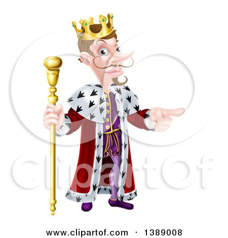 Clipart of a Happy Brunette White King Holding a Scepter and Pointing to the Right - Royalty Free Vector Illustration by AtStockIllustration