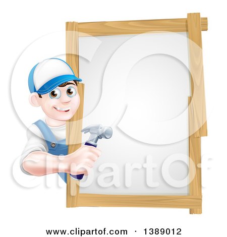 Clipart of a Happy Young Brunette Caucasian Worker Man Holding a Hammer Around a Sign - Royalty Free Vector Illustration by AtStockIllustration