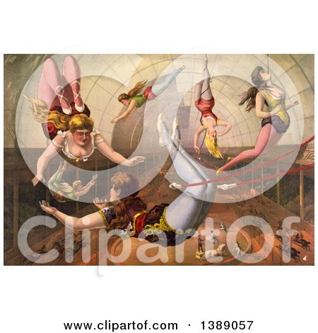 Vintage Illustration of Female Acrobats on Trapezes at Circus Under the Big Top, C 1890 - Historical Graphic by JVPD