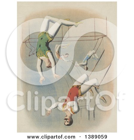 Vintage Illustration of Four Male Trapeze Artists Performing at a Circus, Swinging Through the Air Under the Big Top, C 1895 - Historical Graphic by JVPD