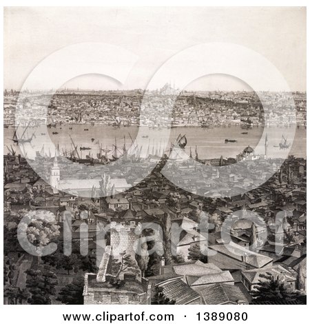 Historical Illustration of a Sepia View of Constantinople and Environs, C 1813 - Chromolithograph by JVPD