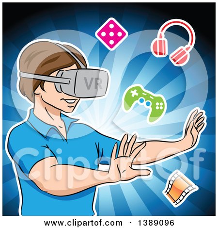 Clipart of a Boy Using a Virtual Reality Set, over Blue Rays - Royalty Free Vector Illustration by cidepix