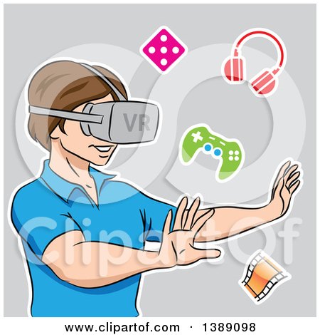 Clipart of a Boy Using a Virtual Reality Set, over Gray - Royalty Free Vector Illustration by cidepix