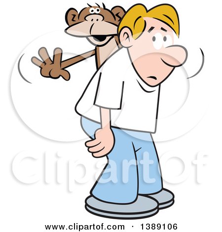 Clipart of a Cartoon Blond White Man with a Monkey on His Back - Royalty Free Vector Illustration by Johnny Sajem
