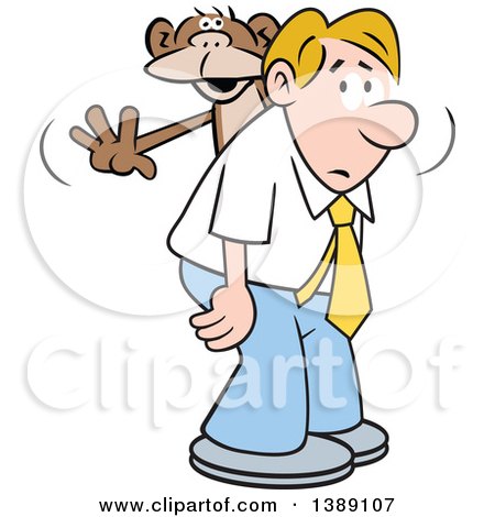 Clipart of a Cartoon Blond White Business Man with a Monkey on His Back - Royalty Free Vector Illustration by Johnny Sajem