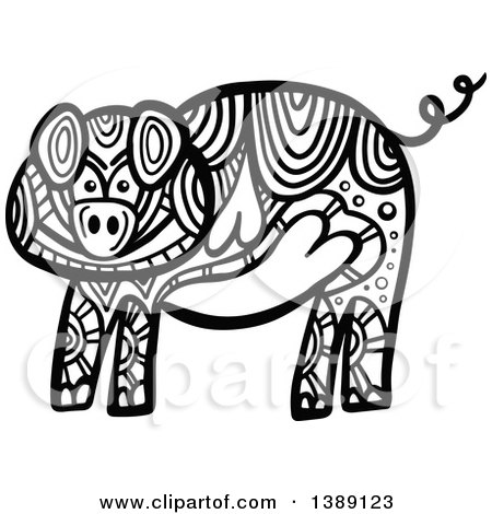 Clipart of a Doodled Black and White Pig - Royalty Free Vector Illustration by Prawny