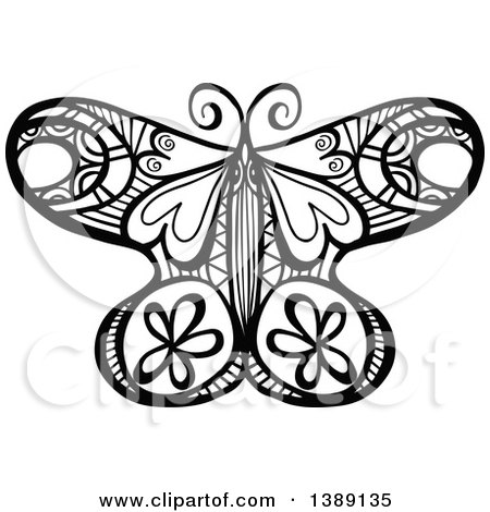 Clipart of a Doodled Black and White Butterfly - Royalty Free Vector Illustration by Prawny