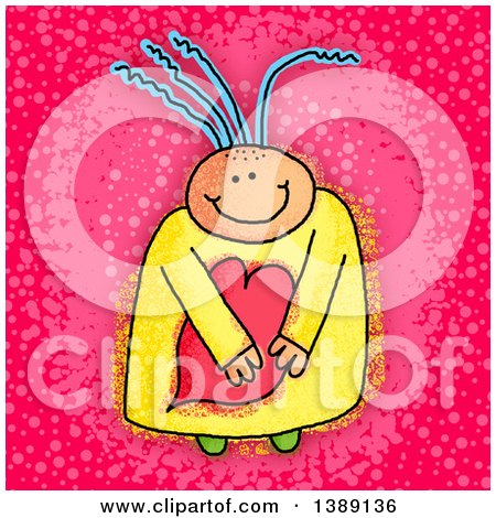 Clipart of a Sketched Happy Girl Holding a Heart over Pink - Royalty Free Illustration by Prawny