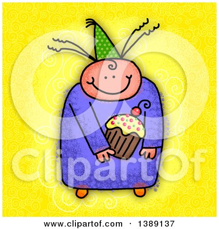 Clipart of a Sketched Happy Child Holding a Cupcake, over Yellow - Royalty Free Illustration by Prawny