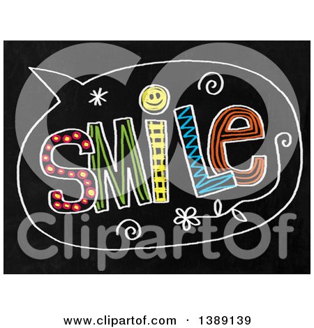 Clipart of a Doodled Chalk Speech Balloon with Smile Text on a Black Board - Royalty Free Illustration by Prawny